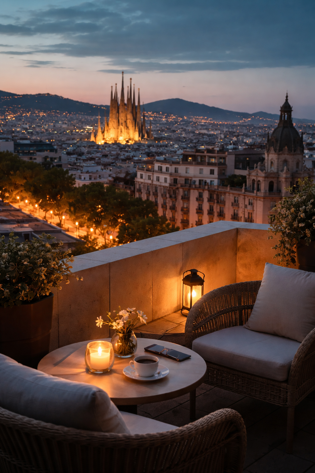 vista romántica de Barcelona al atardecer desde una terraza elegante